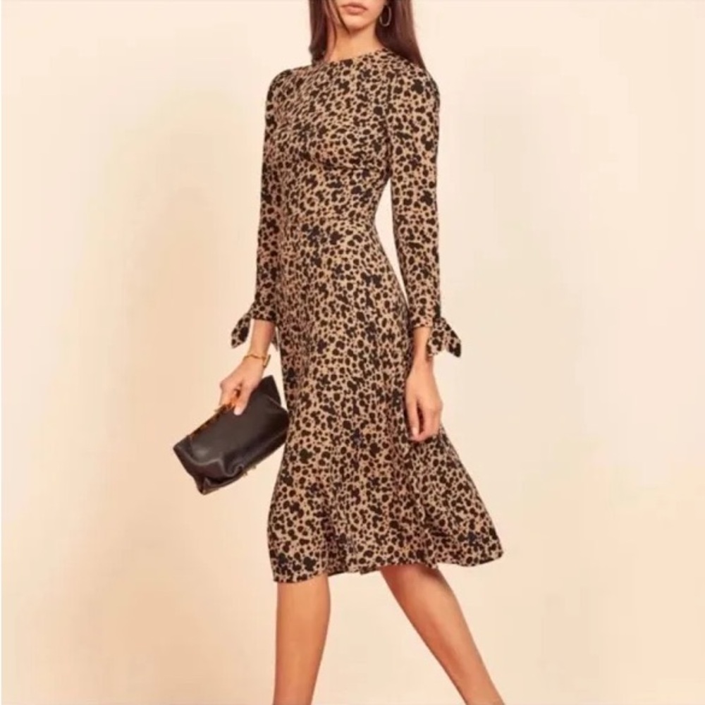 Reformation Port Dress Spot Print Brown Black Tan Midi Tie Sleeve Size‎ 6